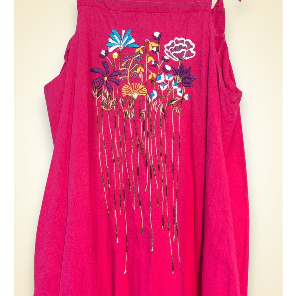 Vintage Mexican Embroidered Cotton Sundress Pink Floral Size Large Pockets - Picture 3 of 9